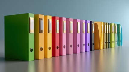 Colorful Row of Office Binders on a Reflective Surface for Organized Document Management