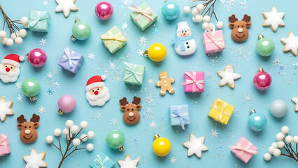 Playful flat lay of assorted Christmas decorations on a pastel blue background – gingerbread cookies, candy canes, Santa hat, reindeer, snowflakes and colorful ornaments arranged in a seamless festive