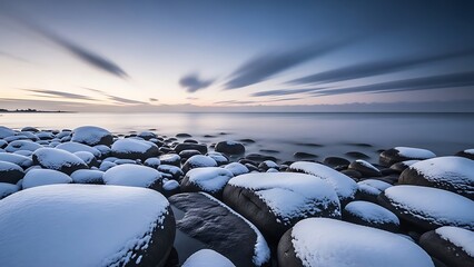 Snowy rocks on a serene coastline at dusk with cloudy sky