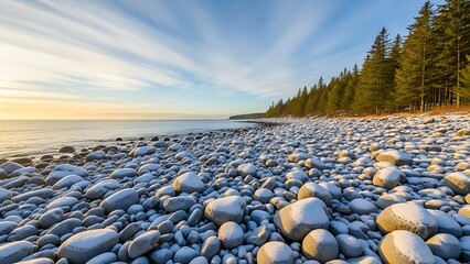Serene rocky beach with trees at sunset on a peaceful shoreline by the ocean