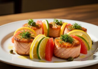 Aromatic pan-seared salmon medallions, artfully arranged with vibrant citrus and grapefruit slices, creating a visually appealing and delicious culinary presentation.