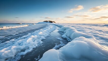 Foamy waves crash on icy shoreline at sunset with distant rocky island