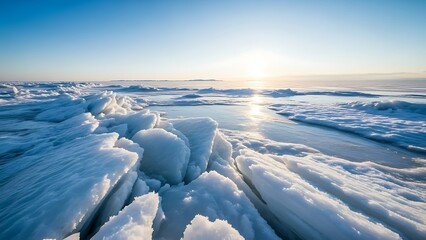 Fototapeta premium A breathtaking landscape of icy snow formations under a clear blue sky at sunrise or sunset