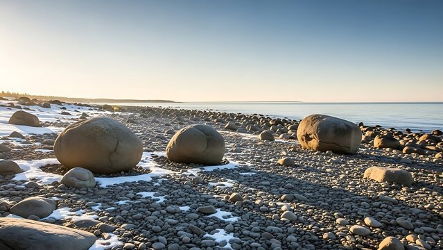 Large boulders on a rocky beach with melting snow at sunrise or sunset - Powered by Adobe