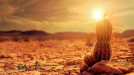 Golden sunset over desert landscape with cactus and distant mountains