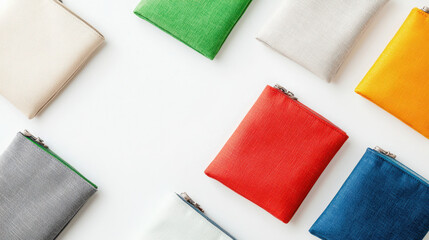 Colorful zippered pouches arranged on white background, showcasing various shades including green, red, blue, and orange