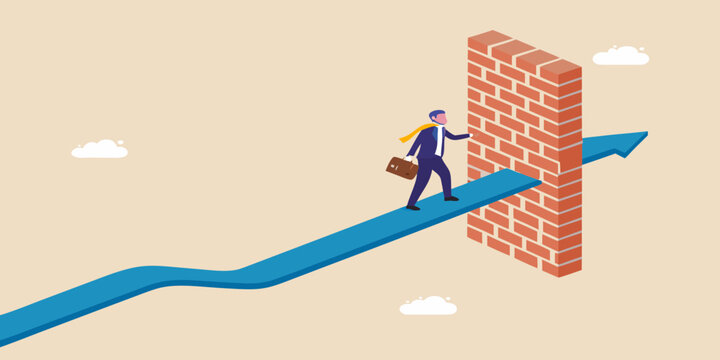 Business professional overcoming obstacles and ascending towards success on a rising path