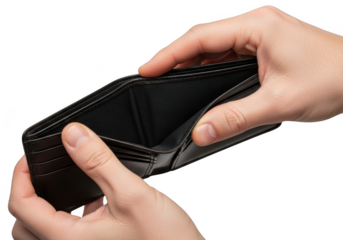 Hands holding open an empty black leather wallet isolated on transparent background