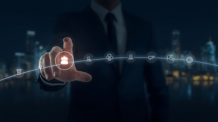 To create a modern business-themed digital illustration, use a dark blurred cityscape as the background. In the foreground, depict a person's hand.