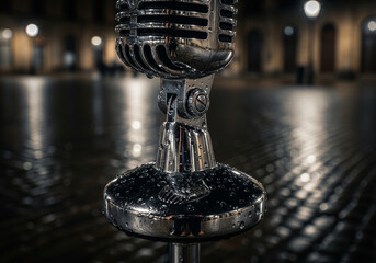 Classic chrome microphone glistening with raindrops on a wet, reflective city street at night.