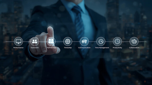 To create a modern business-themed digital illustration, use a dark blurred cityscape as the background. In the foreground, depict a person's hand. - Powered by Adobe