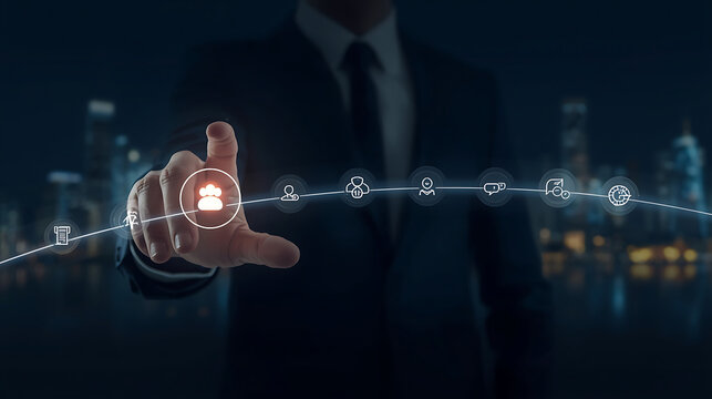 To create a modern business-themed digital illustration, use a dark blurred cityscape as the background. In the foreground, depict a person's hand. - Powered by Adobe