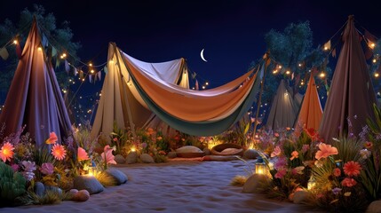 Enchanting Nighttime Outdoor Camping Setup with Tents, Colorful Flowers, Lanterns, and a Moonlit Sky
