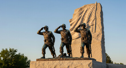 Bronze Statues of Three Saluting Soldiers at US Military Memorial with Stone American Flag