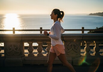 Woman jogging along a scenic coastal promenade during golden hour sunrise or sunset
