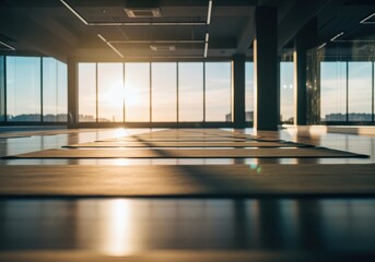 Row of yoga mats laid out in a modern fitness studio bathed in warm golden sunlight at sunrise.