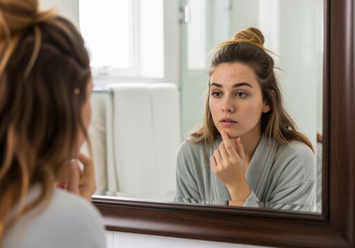 Young woman examining acne breakout on her forehead while looking at her reflection in the bathroom mirror