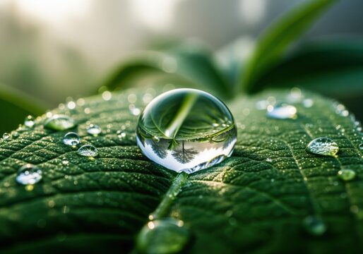 Extreme macro close up of a perfect dew drop reflecting the environment on a green leaf