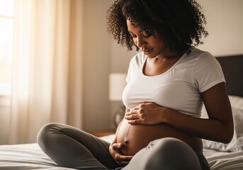 Pregnant african american woman sitting on bed gently holding her baby bump in warm light.