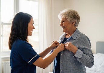 Caring home health aide assisting smiling senior woman with dressing and buttoning her shirt