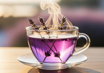 Steaming glass teacup filled with vibrant purple lavender herbal tea and fresh flower sprigs.