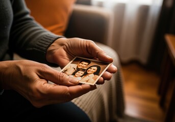 Weathered hands gently holding a cherished vintage family photograph, evoking nostalgia and memory