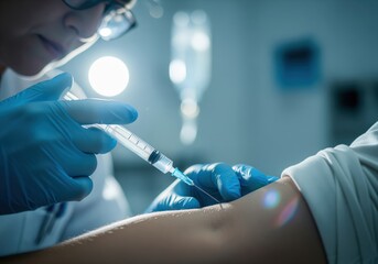 Healthcare professional administering vaccine injection into a patient arm in a clinical setting.