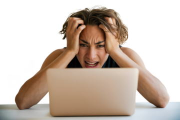 Frustrated person with hands in hair looking at laptop isolated on transparent background