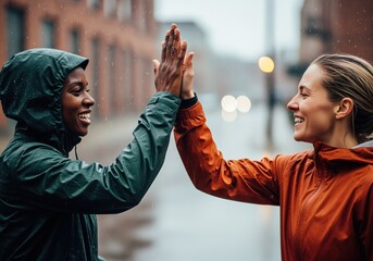 Diverse women celebrating success with a high five during a rainy urban run or intense workout.