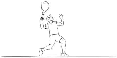 Single line drawing young energetic Male tennis player hit the ball graphic vector illustration. Sport training concept. Modern continuous line draw design for tennis tournament banner and poster