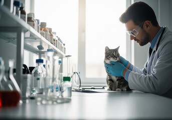 Veterinarian in lab coat and safety glasses examining a tabby cat during a medical checkup.