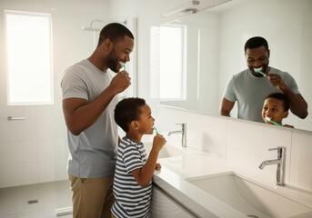 Happy african american father and son brushing teeth together in modern bathroom mirror reflection.