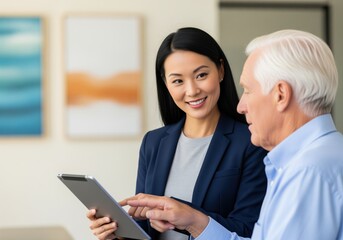 Smiling female financial advisor helping senior man review documents on a digital tablet during a consultation.