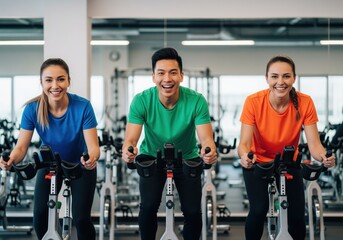 Happy diverse group cycling together in a modern gym for cardio and wellness training