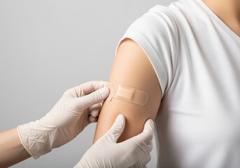 Healthcare worker applying adhesive bandage to patients arm after vaccination or injection.