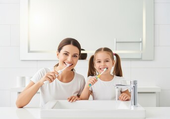 Cheerful mother and child practicing daily dental hygiene routine in a bright bathroom.