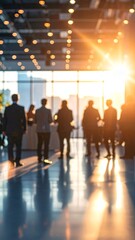 Silhouettes of business people walking in a modern convention center during sunset.
