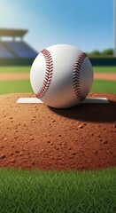 A baseball sits on the pitcher's mound, ready for a , against a blurred stadium backdrop.