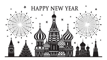 A white background vector with the Kremlin&rsquo;s towers drawn in black silhouette surrounded by shining fireworks and &ldquo;Happy New Year&rdquo; elegantly written in bold decorative lettering across the sky.