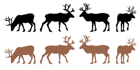 Silhouette illustrations of reindeers isolated on transparent background, Christmas illustrations 
