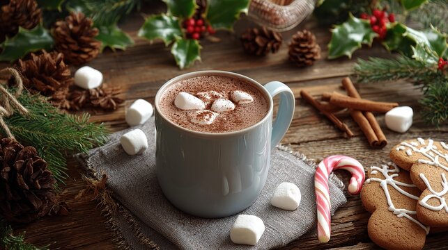 Cozy Christmas Hot Chocolate: Mug with Marshmallows, Cookies & Festive Decor on Rustic Wood Background