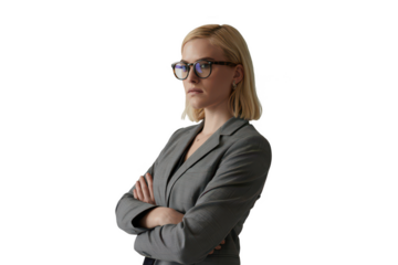 Woman in a gray suit and glasses isolated on transparent background