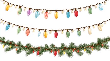 Festive Christmas Decor: Colorful String Lights & Pine Garland with Ornaments on White Background