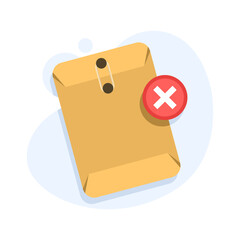 Job application rejected concept with an envelope and cross icon, symbolizing incorrect or incomplete documents, failed file submission, and unaccepted application attachments.