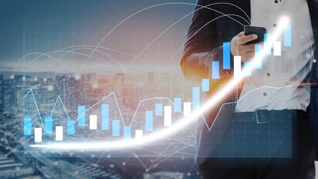 A businessman examines data trends on his smartphone, showcasing financial growth through modern statistics visualizations against an urban skyline at sunrise. Copula - Powered by Adobe
