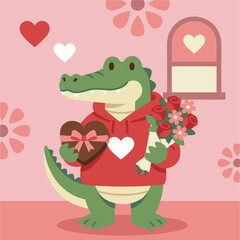 Cute Green Crocodile Cartoon Character Wearing Red Hoodie Holding Heart Chocolate Box and Rose Bouquet for Valentine's Day.