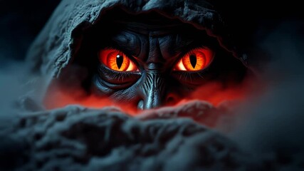 Close-up of glowing red eyes in darkness, perfect for depicting mystery and intrigue in creative projects