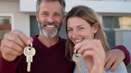 Happy couple celebrating new home with keys, joyful moment, lifestyle concept