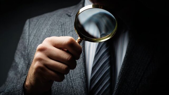 Man examining tie with magnifying glass