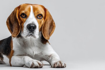 Beautiful beagle dog resting calmly on a clean white surface, showcasing its striking features and friendly demeanor in a peaceful indoor setting